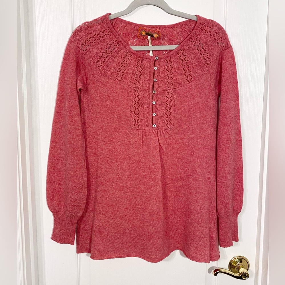 Y2K Free People Lambswool Pointelle Knit Balloon Sleeve Swing Sweater Sz Medium